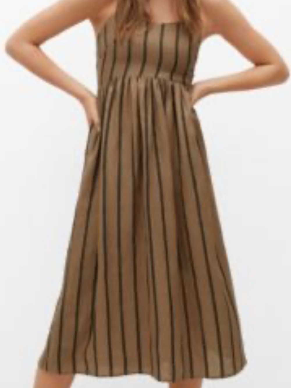 HALARA Brown Midi Dress with Black Vertical Stripes